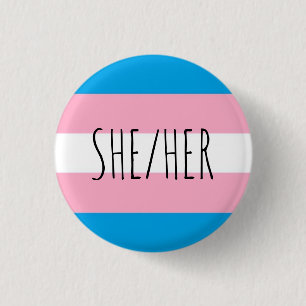 she/her pronouns trans pride flag 3 cm round badge