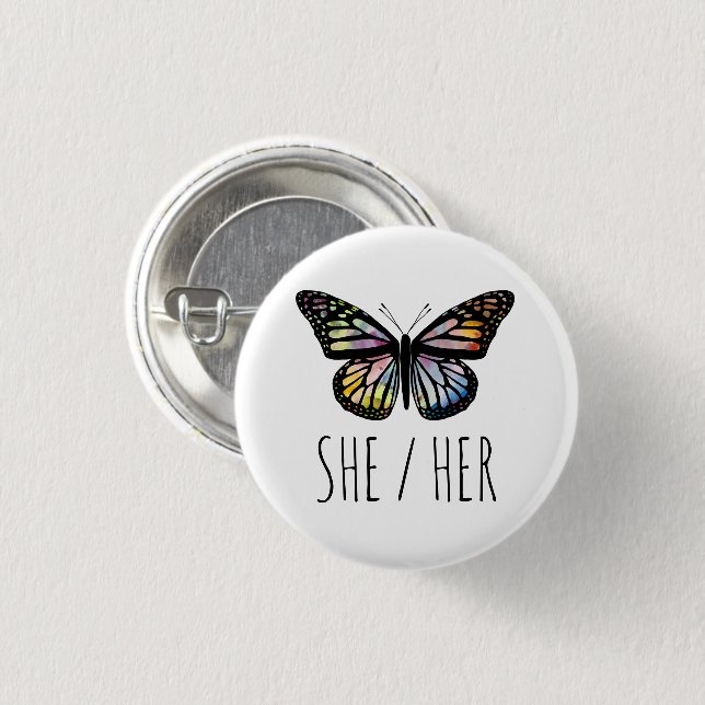 SHE/HER Pronouns Watercolor Butterfly 3 Cm Round Badge (Front & Back)