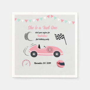 She is a Fast One Festive Pink Race Car Birthday Napkin