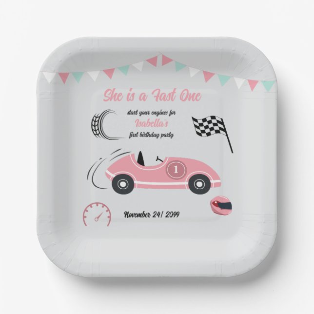 She is a Fast One Festive Pink Race Car Birthday Paper Plate (Front)
