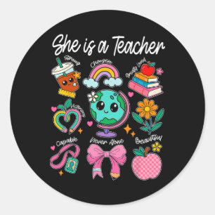 She Is A Teacher Coquette Bow Happy First Day Back Classic Round Sticker