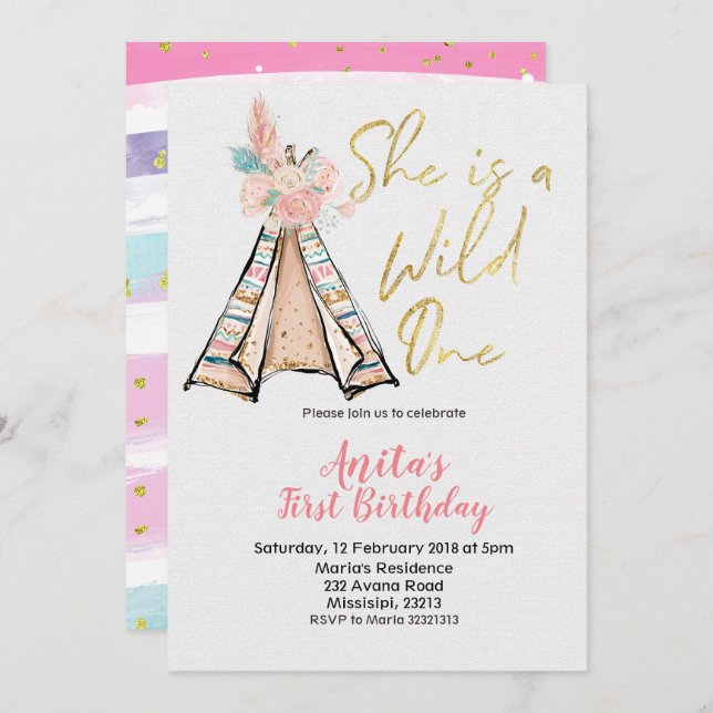 She is a Wild One Birthday Invitation Boho Teepee (Front/Back)