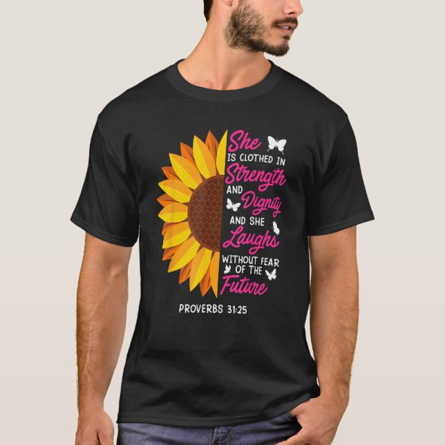 She is clothed in Strength strong Women Sunflower  T-Shirt (Front)