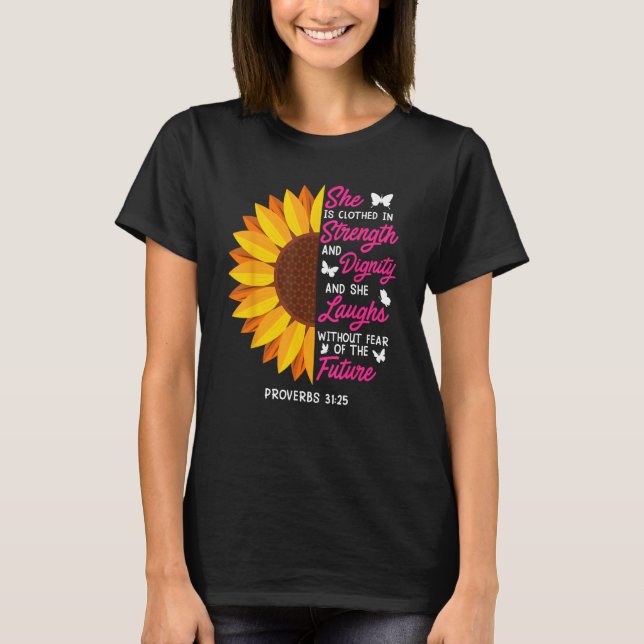 She is clothed in Strength strong Women Sunflower  T-Shirt (Front)