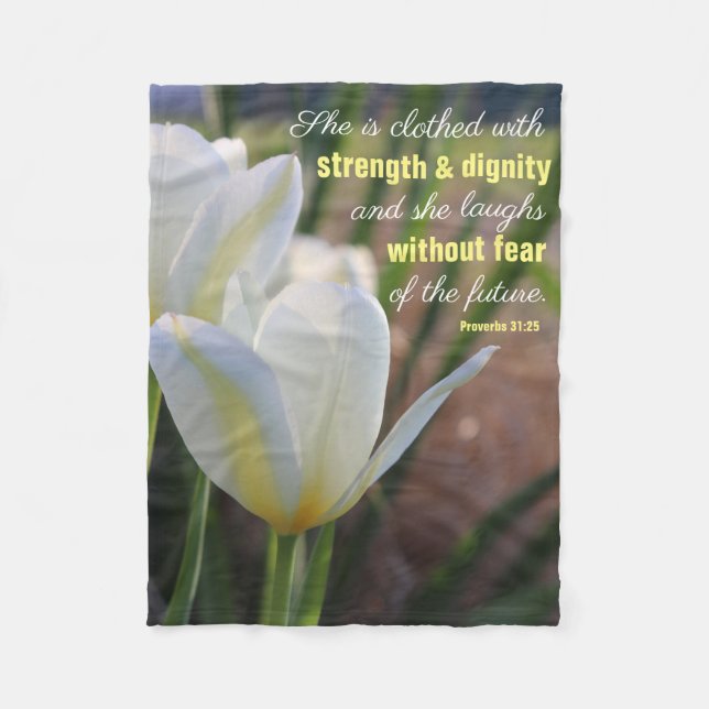 She is Clothed - Proverbs 31:25 Fleece Blanket (Front)