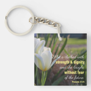 She is clothed Proverbs 31:25 White Tulip Key Ring