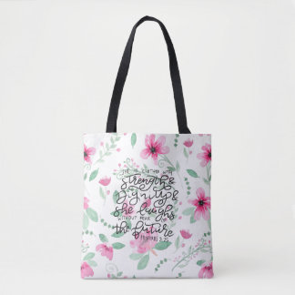She is clothed with strength and dignity tote bag