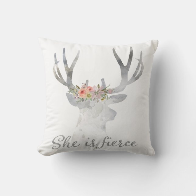 She Is Fierce Deer Woodland Boho Nursery Pillow (Front)
