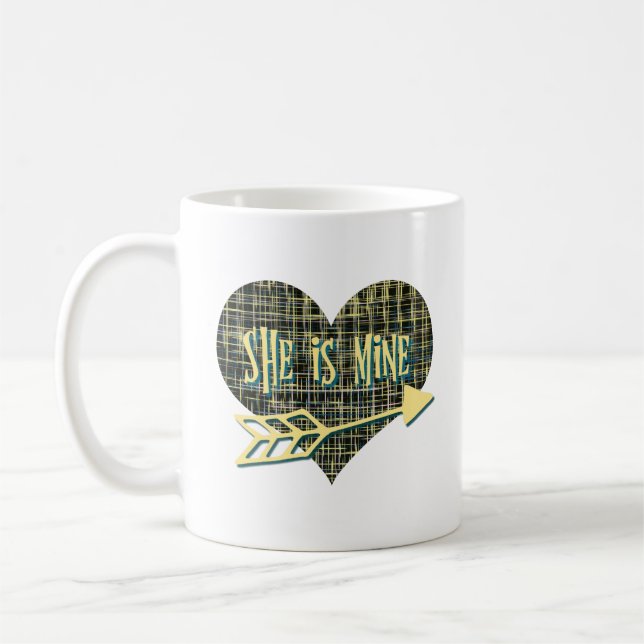 She is Mine Abstract Yellow Grid Heart Shape Coffee Mug (Left)