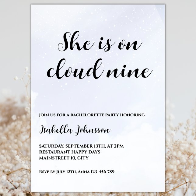 She Is On Cloud Nine Bachelorette Party Invitation (she is on cloud nine bridal shower invitation she's on cloud nine invitation)