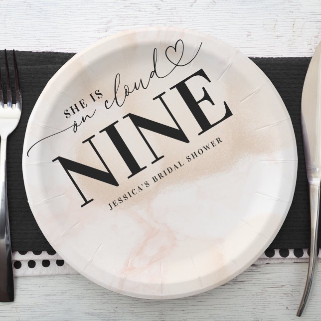 She is on Cloud Nine Heart Script Bridal Shower Paper Plate (Creator Uploaded)