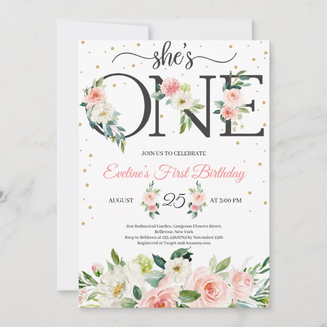 She is ONE floral letters and blush pink roses Invitation (Front)