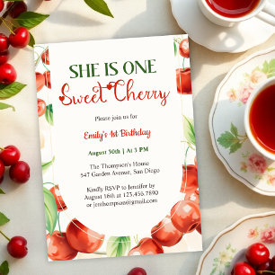 She Is One Sweet Cherry Baby Girl 1st Birthday Invitation