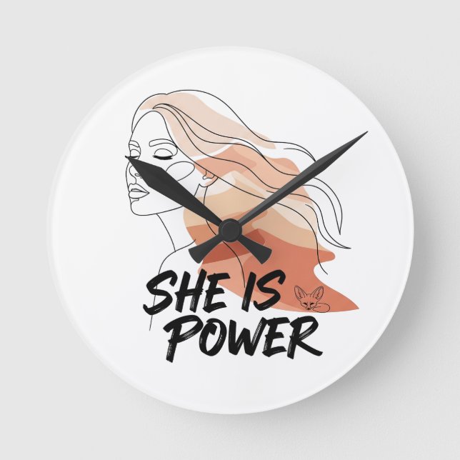 She Is Power – Desert Tones Feminine Line Art Round Clock (Front)