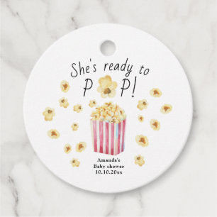 She is Ready to Pop Watercolor Popcorn Baby Shower Favour Tags