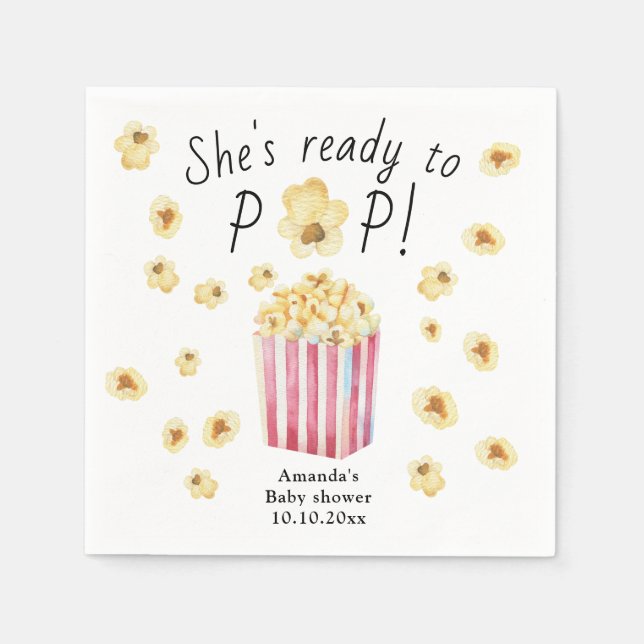 She is Ready to Pop Watercolor Popcorn Baby Shower Napkin (Front)