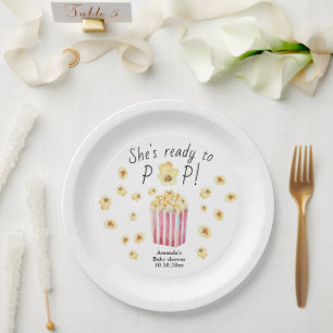 She is Ready to Pop Watercolor Popcorn Baby Shower Paper Plate