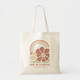 She is strong Bible Verse Tote Bag