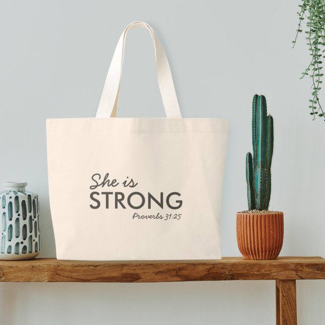 She is Strong | Proverbs 31:25 Christian Faith Large Tote Bag (Creator Uploaded)