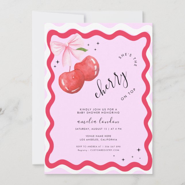 She is the Cherry on Top Coquette Baby Shower Invitation (Front)