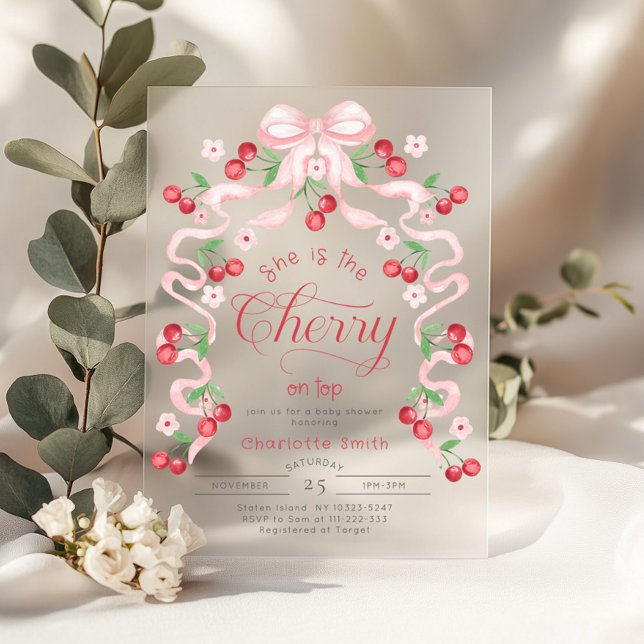 She is the Cherry on top pink bow Baby shower Acrylic Invitations (Creator Uploaded)