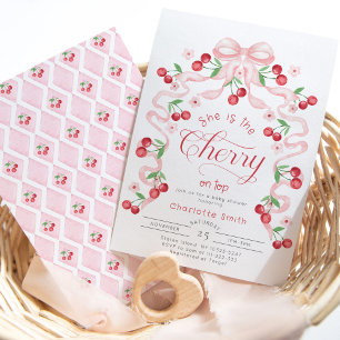 She is the Cherry on top pink bow Baby shower Invitation