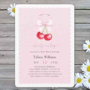 She is The Cherry On Top Pink Bow Baby Shower Invitation