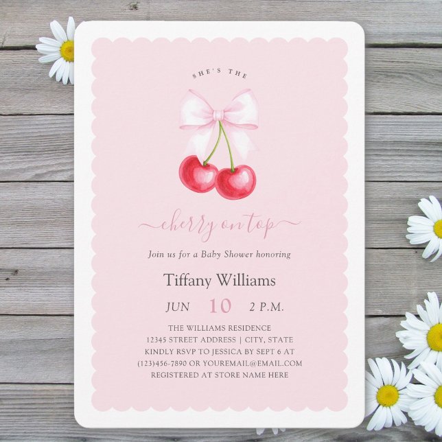 She is The Cherry On Top Pink Bow Baby Shower Invitation (Creator Uploaded)