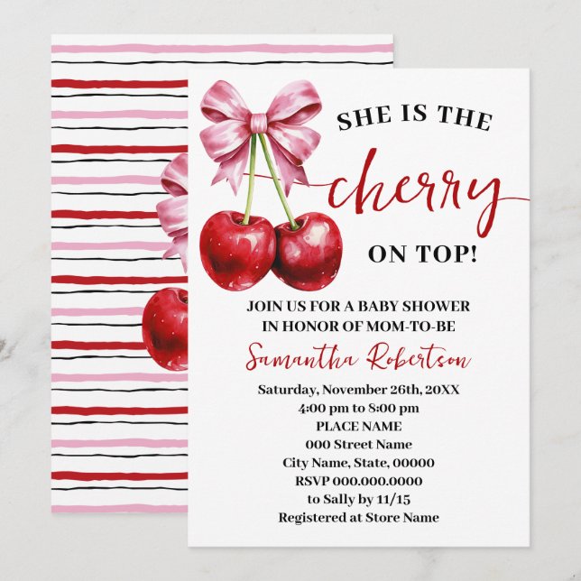 She is the Cherry on Top Pink Coquette Baby Shower Invitation (Front/Back)