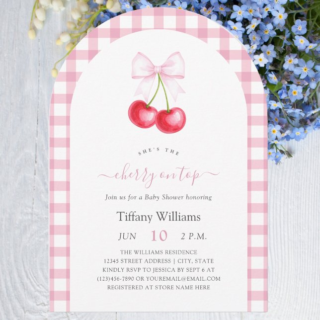 She is The Cherry On Top Pink Gingham Baby Shower Invitation (Creator Uploaded)