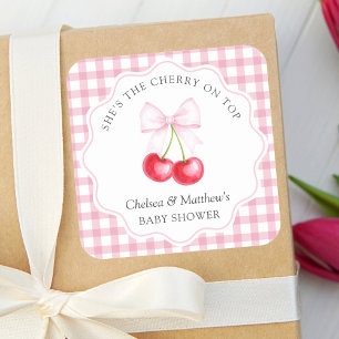 She is The Cherry On Top Whimsical Bow Baby Shower Square Sticker