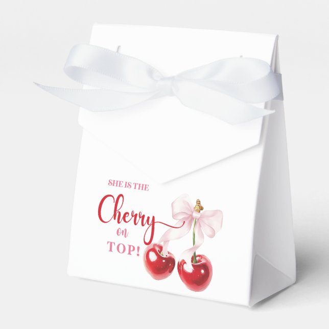 She is the Cherry Top Tent Favour Box with Ribbon (Front Side)
