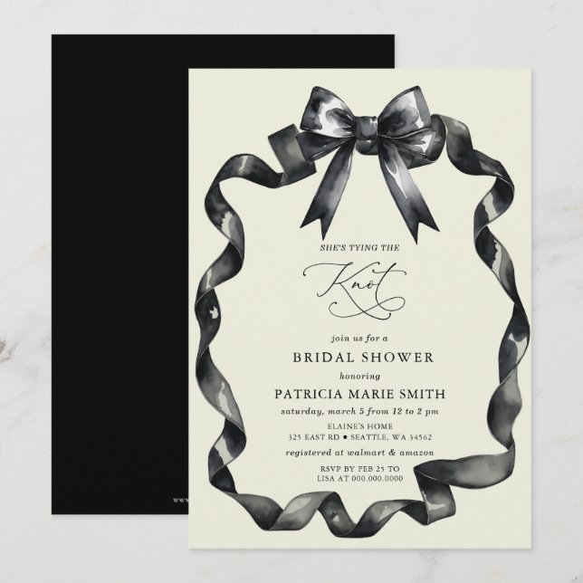 She is tying the knot black bow Bridal Shower Invitation (Front/Back)