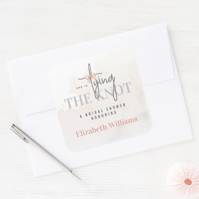 She Is Tying The Knot Modern Bridal Shower Party Square Sticker (Envelope)