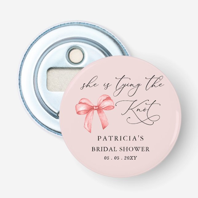 She is tying the knot pink bow Bridal Shower Bottle Opener (Front)