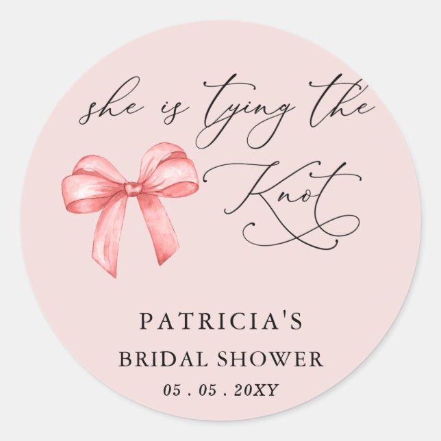 She is tying the knot pink bow Bridal Shower Classic Round Sticker (Front)