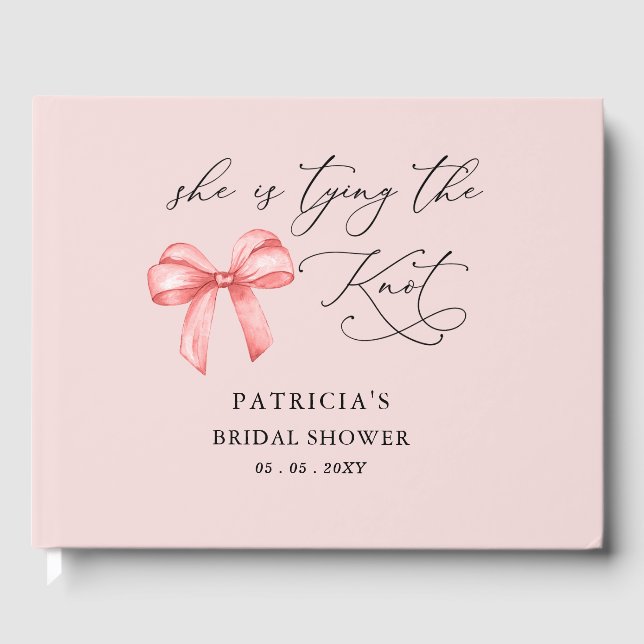 She is tying the knot pink bow Bridal Shower Guest Book (Front)