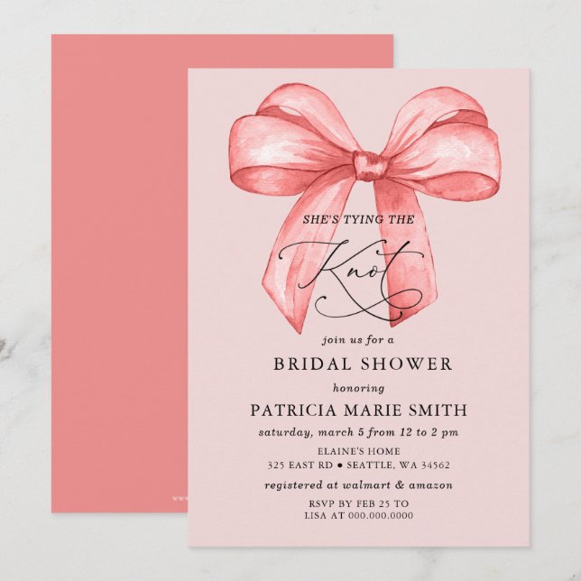 She is tying the knot pink bow Bridal Shower Invitation (Front/Back)