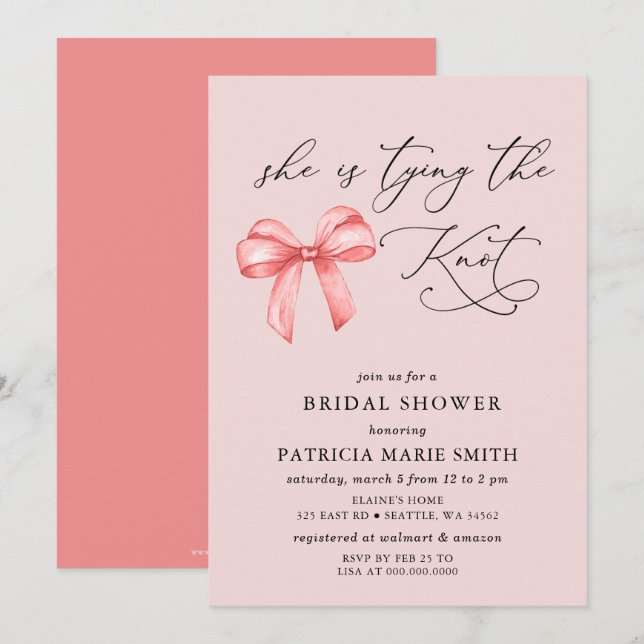 She is tying the knot pink bow Bridal Shower Invitation (Front/Back)
