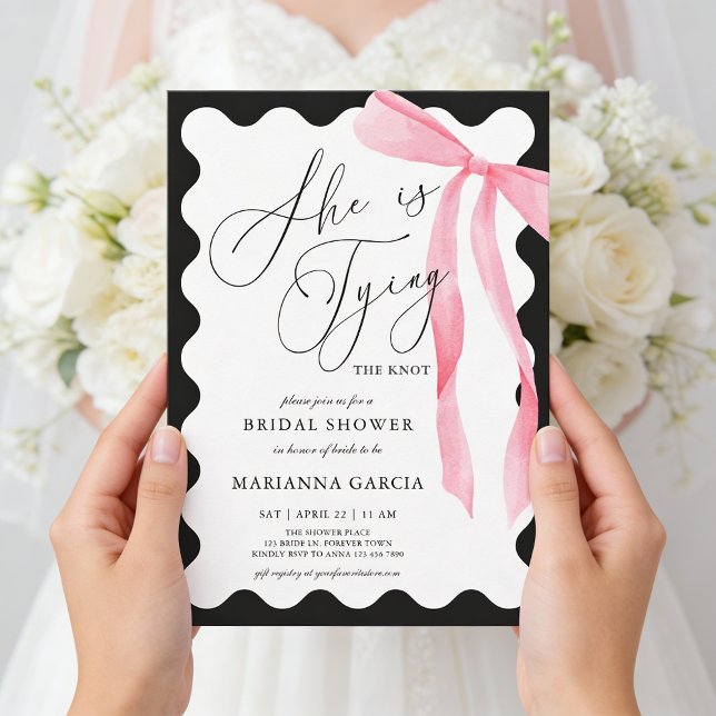She is Tying the Knot Pink Bow Bridal Shower Invitation (Front of the invite shown in 5 x 7 inches, choose size, paper, and corner style.)