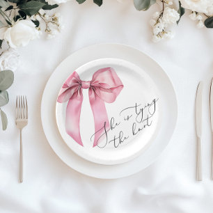 She is tying the knot Pink Bow Bridal Shower Paper Plate