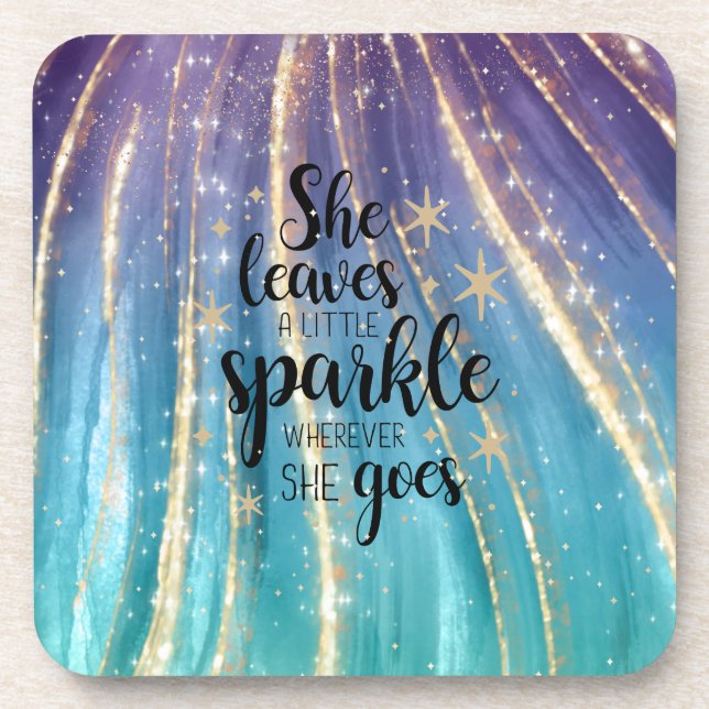 She Leaves A Little Sparkle Turquoise Gold Glitter Coaster (Front)