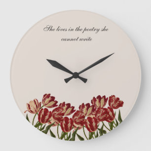 "She Lives in the Poetry" Pink Tulips Floral Wall Large Clock