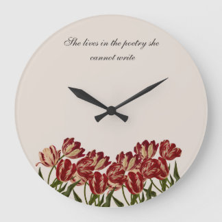 "She Lives in the Poetry" Pink Tulips Floral Wall Large Clock
