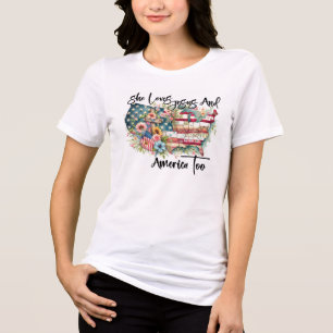 She Loves Jesus and America Too – Patriotic Floral Tri-Blend Shirt