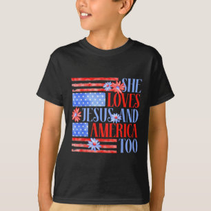 She Loves Jesus And America Too Usa Flag Floral 4t T-Shirt