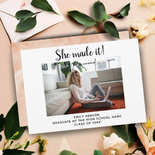 She made it Simple Graduate Photo Graduation Announcement