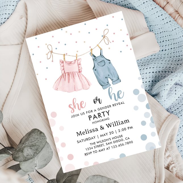 She or He Clothes Gender Reveal Baby Shower Invitation (Creator Uploaded)
