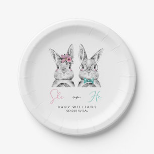 She or He Pink & Blue Bunny Gender Reveal Shower Paper Plate