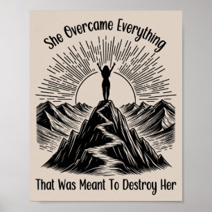 She Overcame Mountain Line Art Women Empowerment  Poster